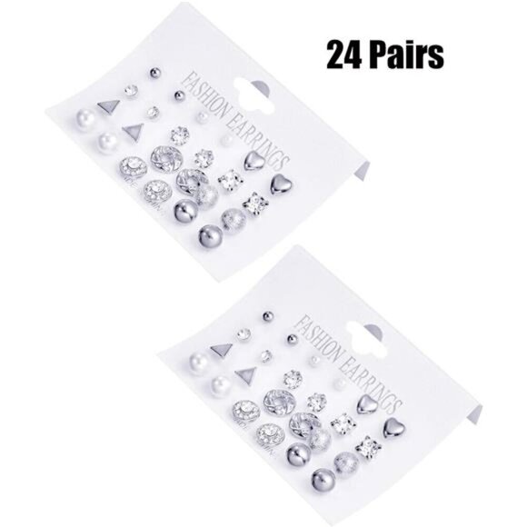 24 Pairs Stud Earrings Crystal Pearl Earring Set Ear Stud Silver Studs - Picture 6 of 7